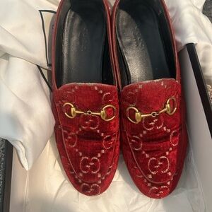 Red Velvet Loafers with Gold Detailing
